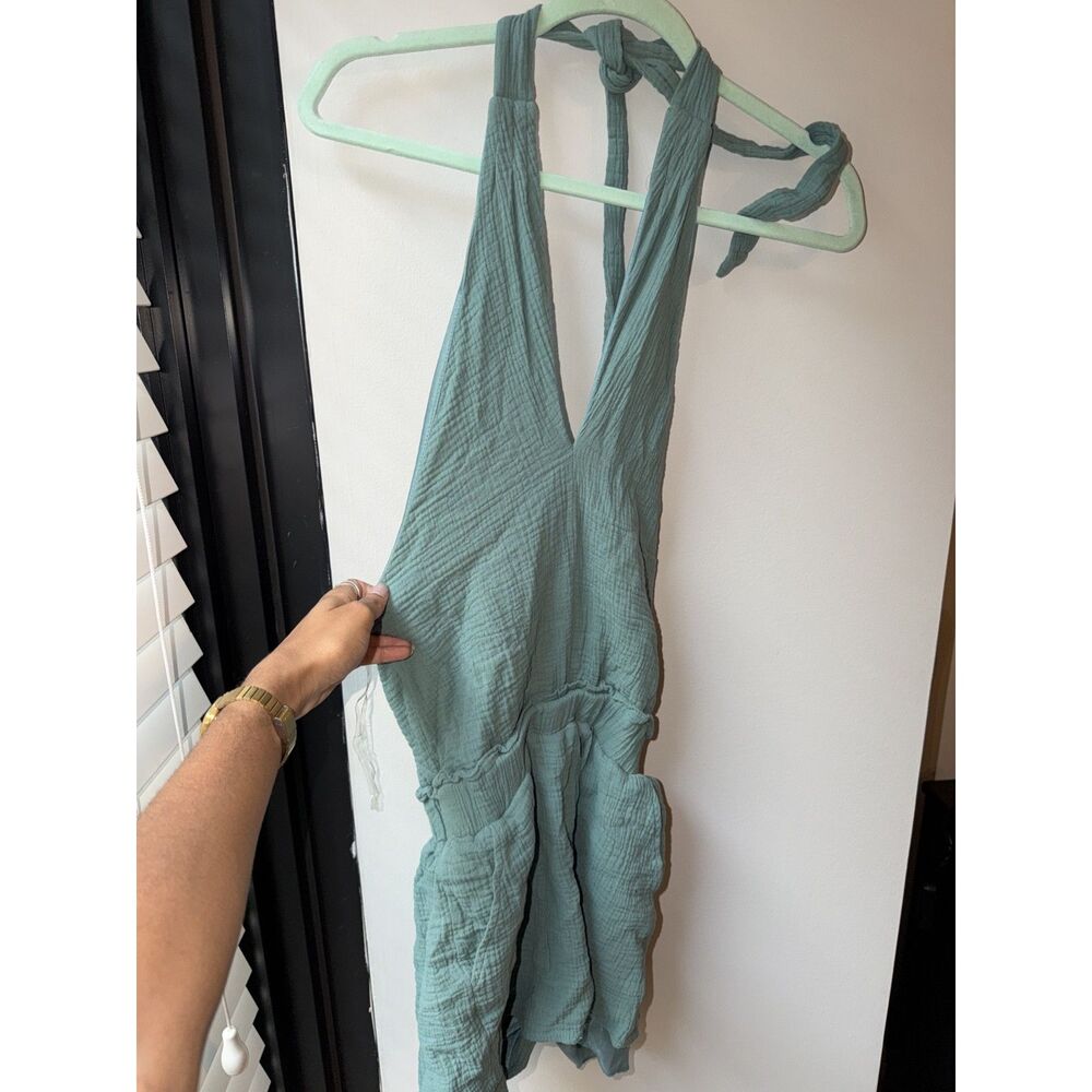Listicle Sage Green lined romper jumper with pockets, halter top